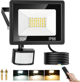 LED flood light with motion sensor, remote control, and color temperature options on a white background